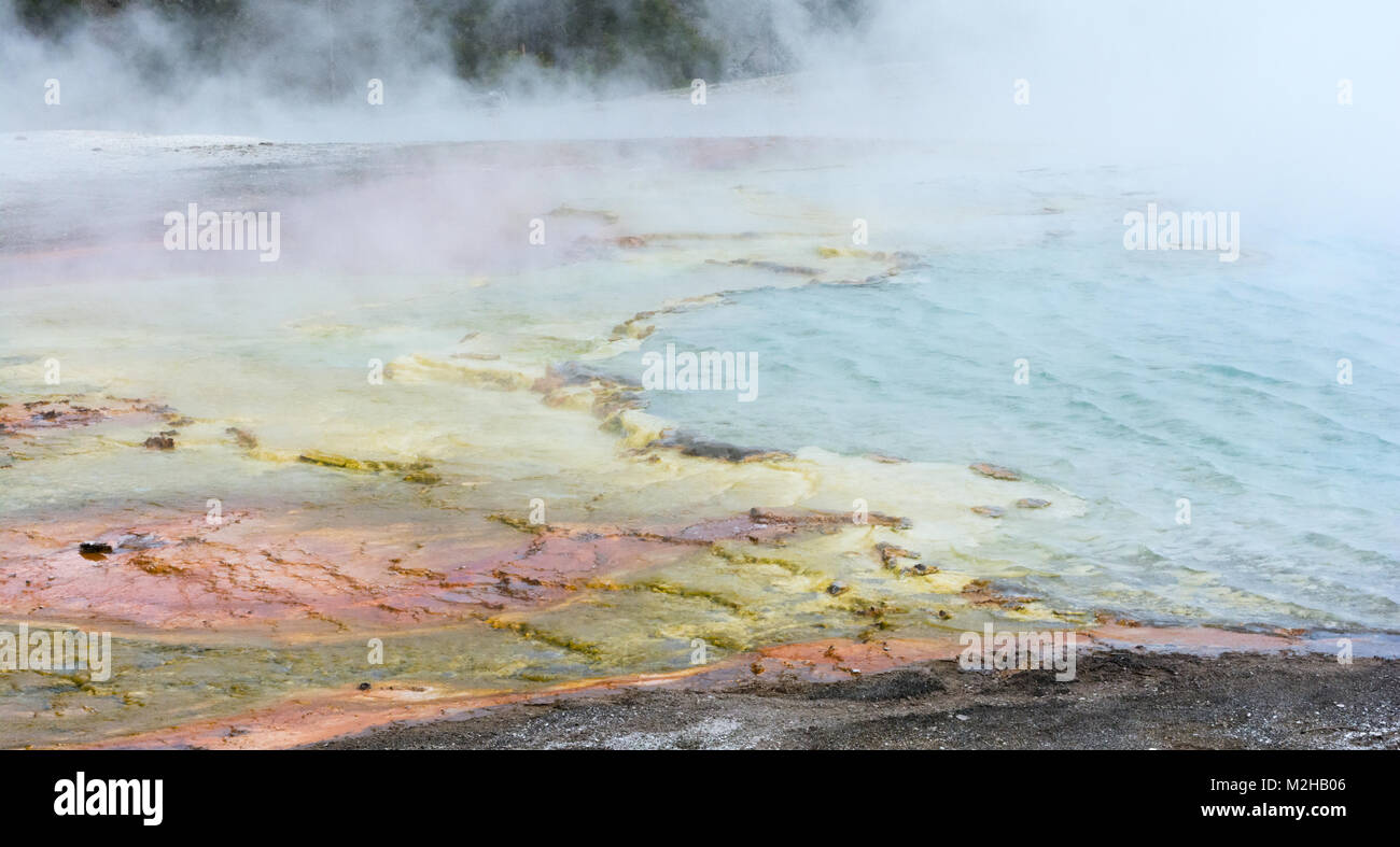 Les vagues et la vapeur provenant d'un débordement de hotspring sur roches jaune et rose. Banque D'Images