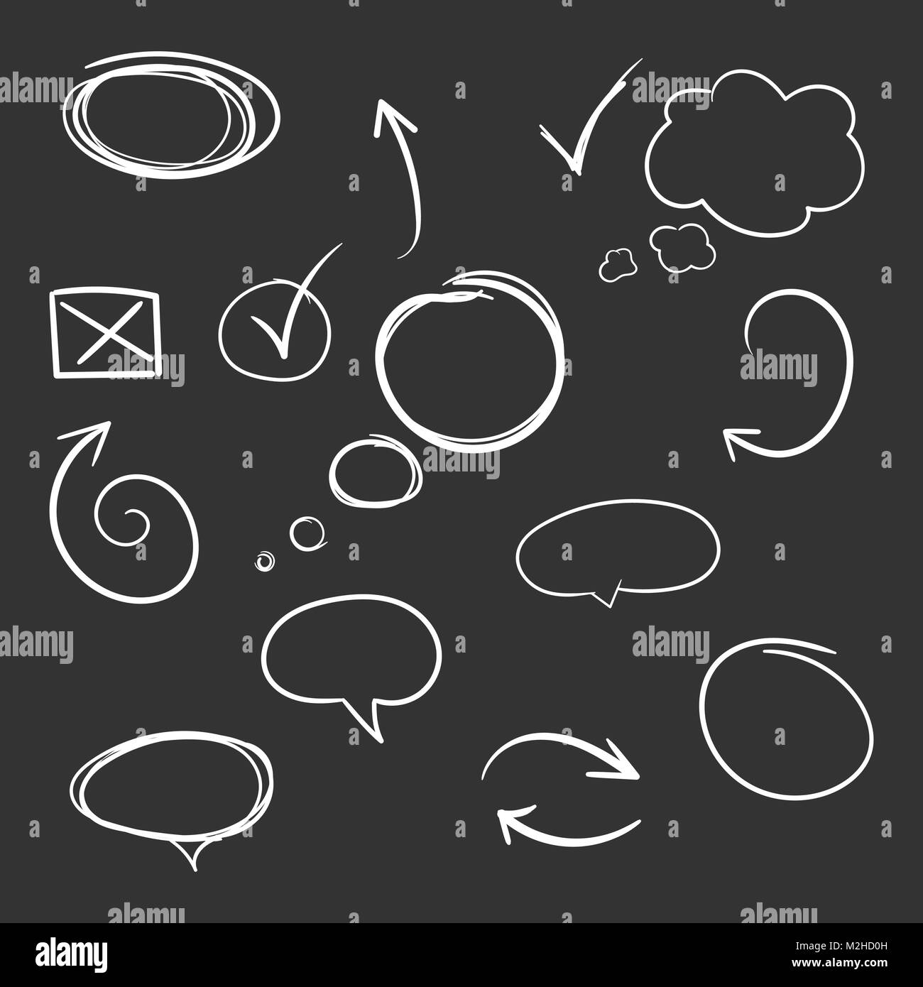 Flèches et cercles dessinés à la main, jeu d'icônes. Collection de symboles esquisse au crayon. Illustration de Vecteur