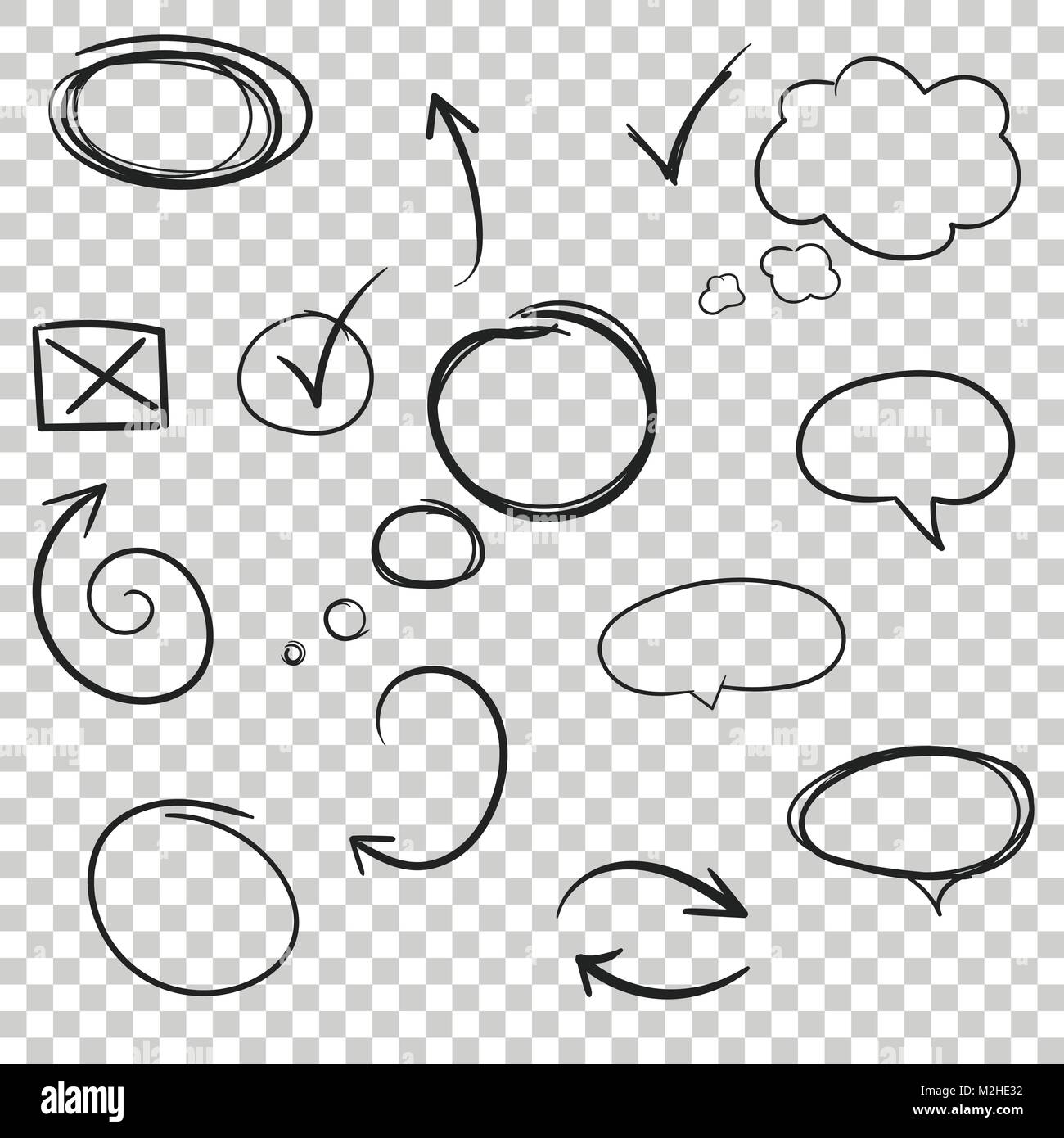 Flèches et cercles dessinés à la main, jeu d'icônes. Collection de symboles esquisse au crayon. Illustration de Vecteur