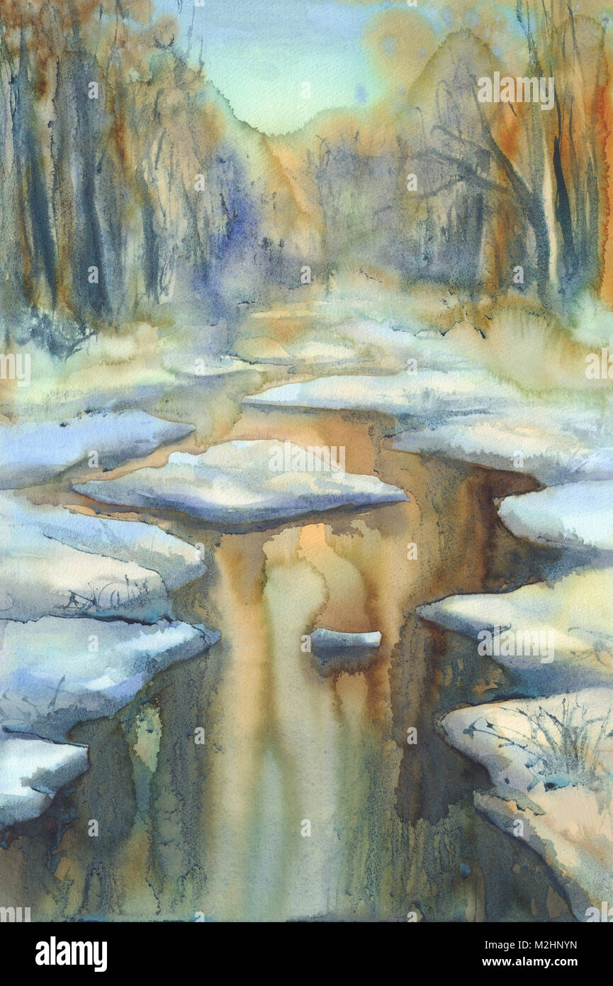 Paysage d'hiver ensoleillé avec une rivière aquarelle Banque D'Images