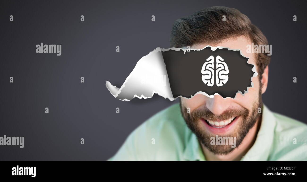 Homme avec du papier déchiré sur les yeux et le cerveau dimensions Banque D'Images