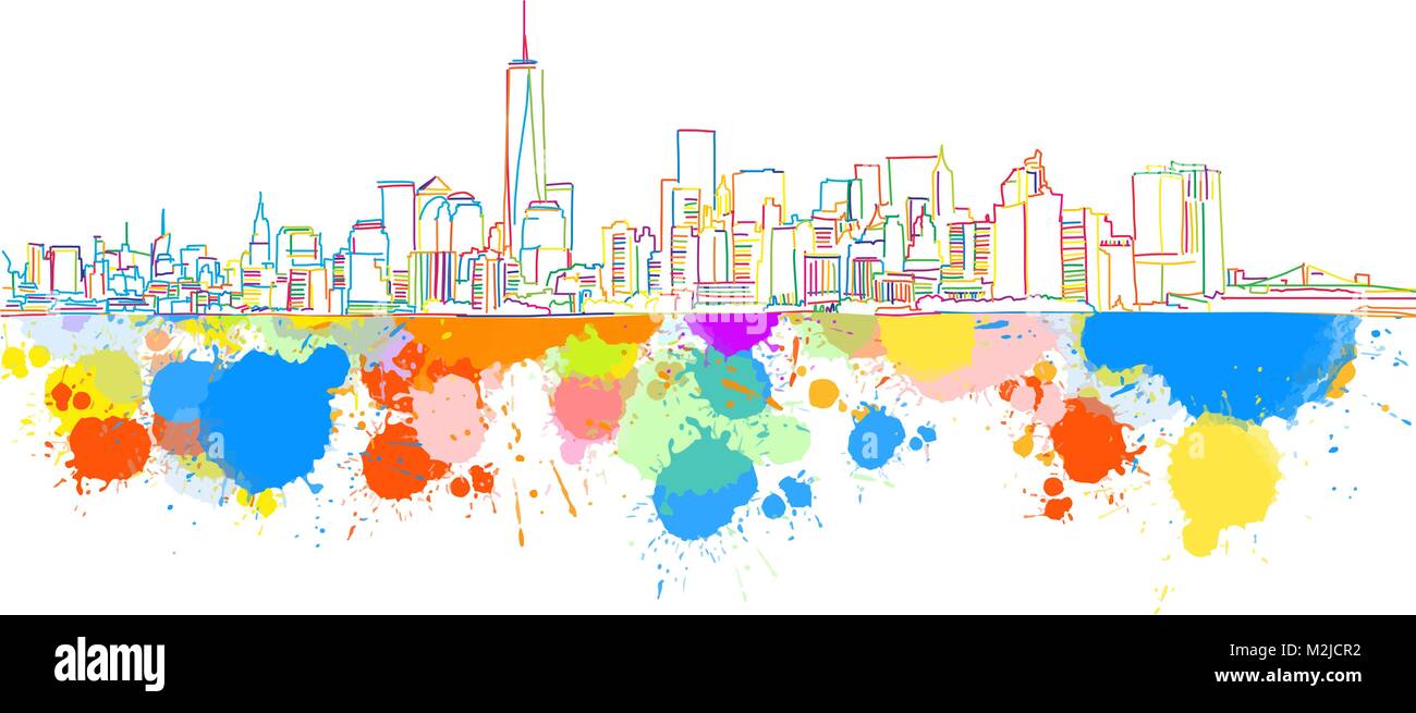 New York Skyline couleur croquis. Hand Drawn Vector Illustration, peinture couleur Splatter isolé sur fond blanc. Les voyages d'affaires et le tourisme d'hiver Illustration de Vecteur