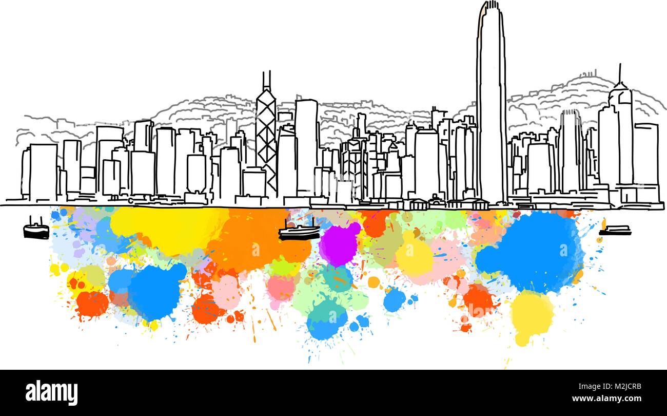 Croquis colorés d'horizon de Hong Kong. Hand Drawn Vector Illustration, peinture couleur Splatter isolé sur fond blanc. Les voyages d'affaires et tourisme Conc Illustration de Vecteur