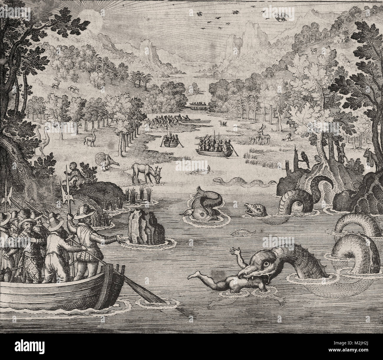 Theodor de Bry - scène représentant des dragons de mer (alligators ?) en train de dévorer les hommes Banque D'Images