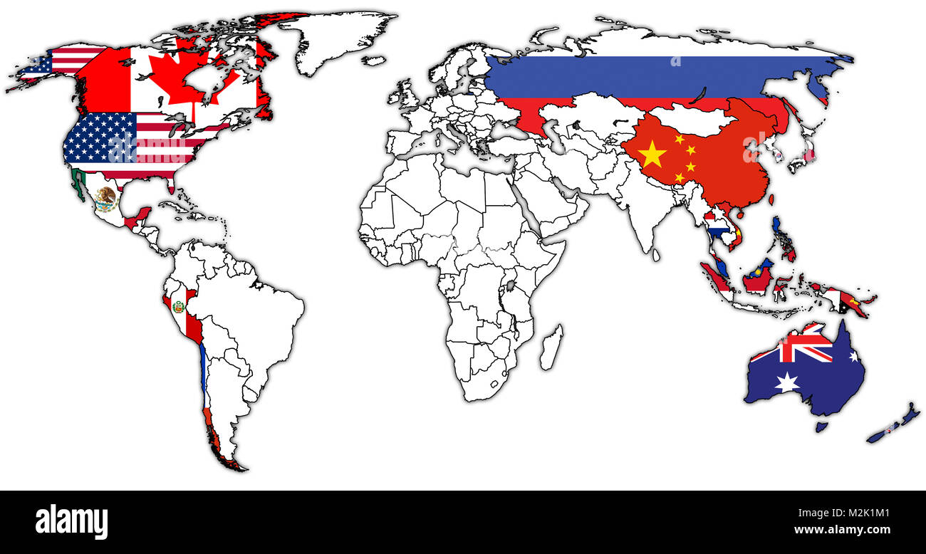 Les pays membres de la Coopération économique Asie-Pacifique Les drapeaux sur la carte du monde avec les frontières nationales Banque D'Images