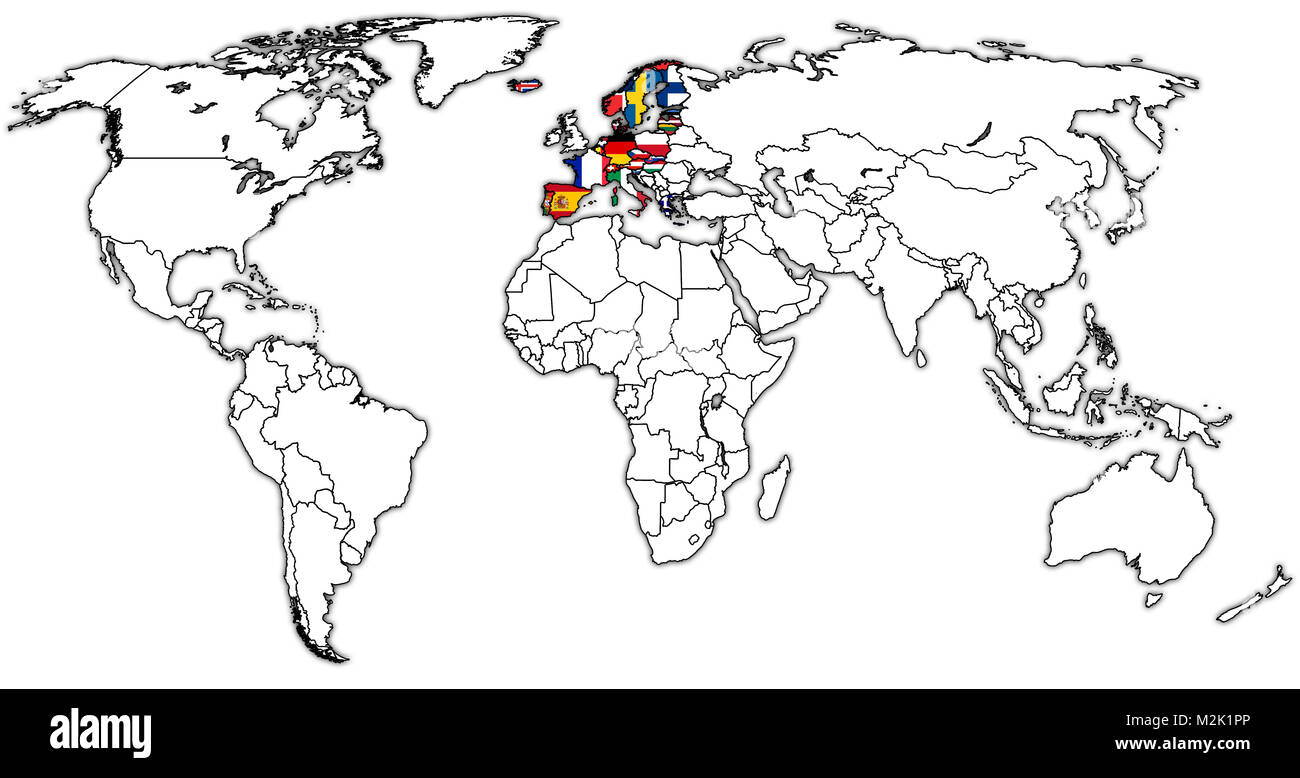 Les pays membres de l'espace Schengen les drapeaux sur la carte du monde avec les frontières nationales Banque D'Images