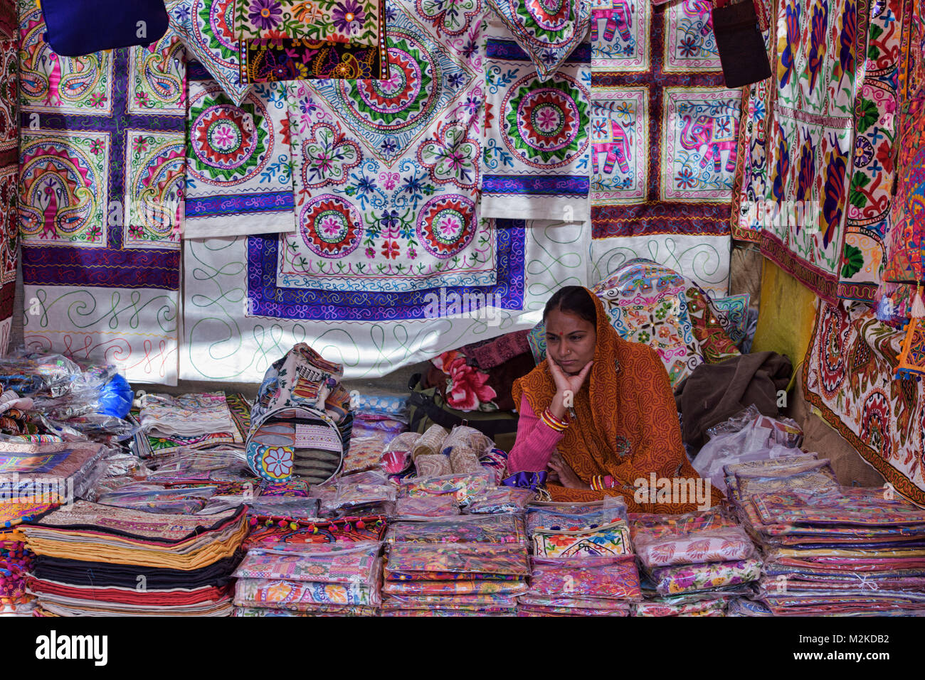 La technique traditionnelle du Rajasthan et les textiles pour la vente, Udaipur, Rajasthan, Inde Banque D'Images