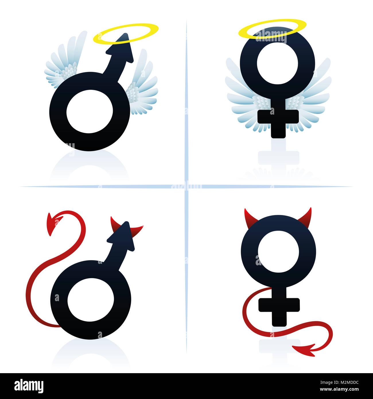 Le bien et le mal l'homme et de la femme. Homme et femme ange et diable symboles. illustration sur fond blanc. Banque D'Images