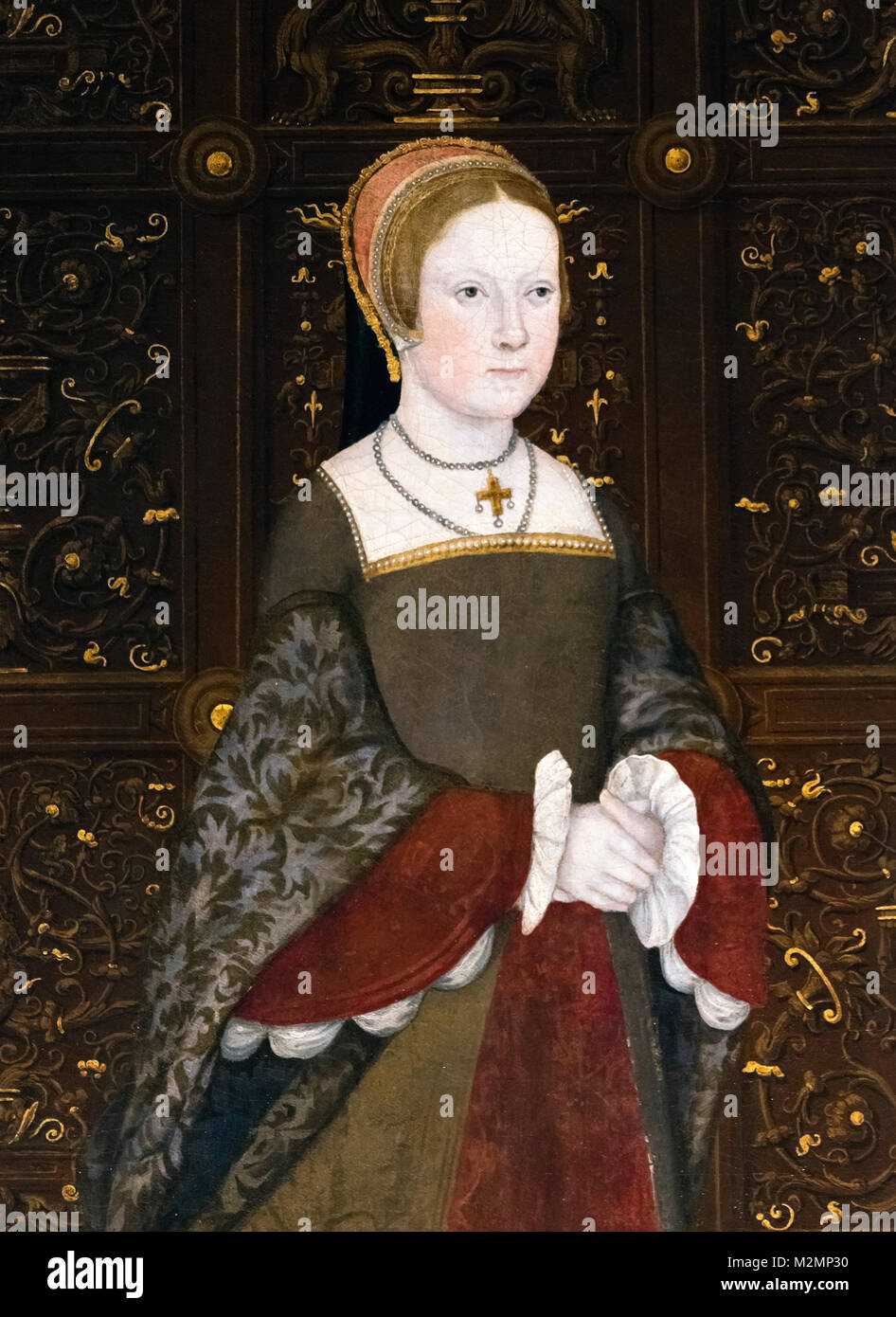 Marie I (1516-1558). Portrait de la future reine Tudor Mary I d'Angleterre comme princesse Mary à l'âge de 29 ans. Détail d'un tableau intitulé la famille de Henry VIII, huile sur panneau, c.1545 Banque D'Images