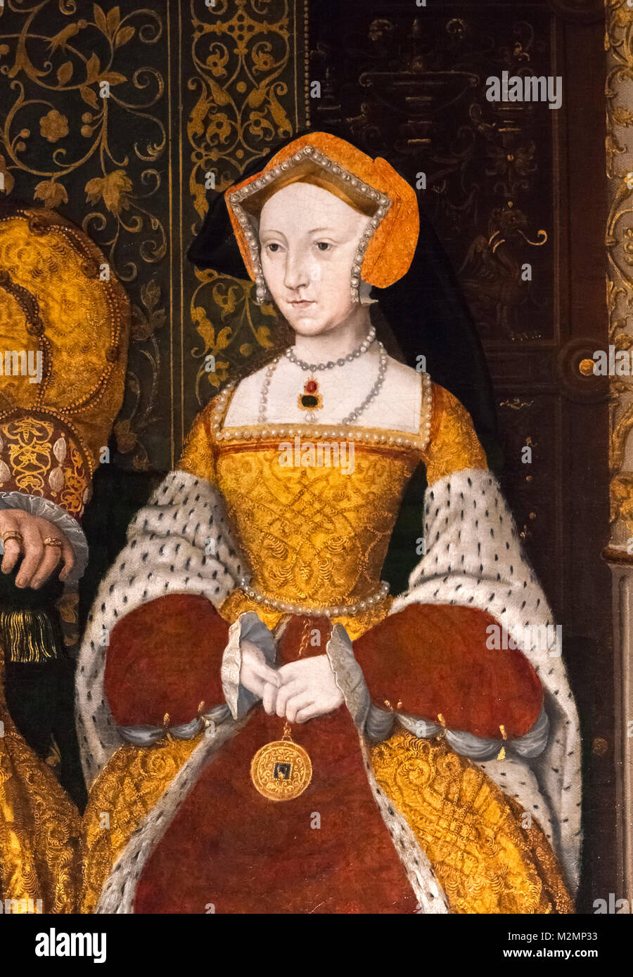 Jane Seymour (1508-1537), troisième épouse du Roi Henry VIII d'Angleterre. Détail d'une peinture intitulée La famille de Henry VIII, huile sur panneau, c.1545 Banque D'Images