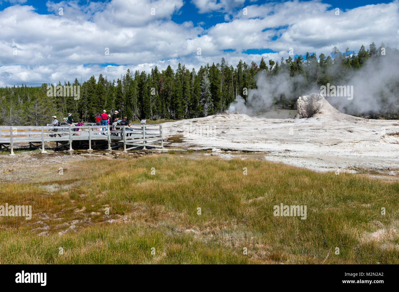 Les touristes observant le geyser de Mastiff à Upper Geyser Basin complexes. Le Parc National de Yellowstone, Wyoming, USA Banque D'Images