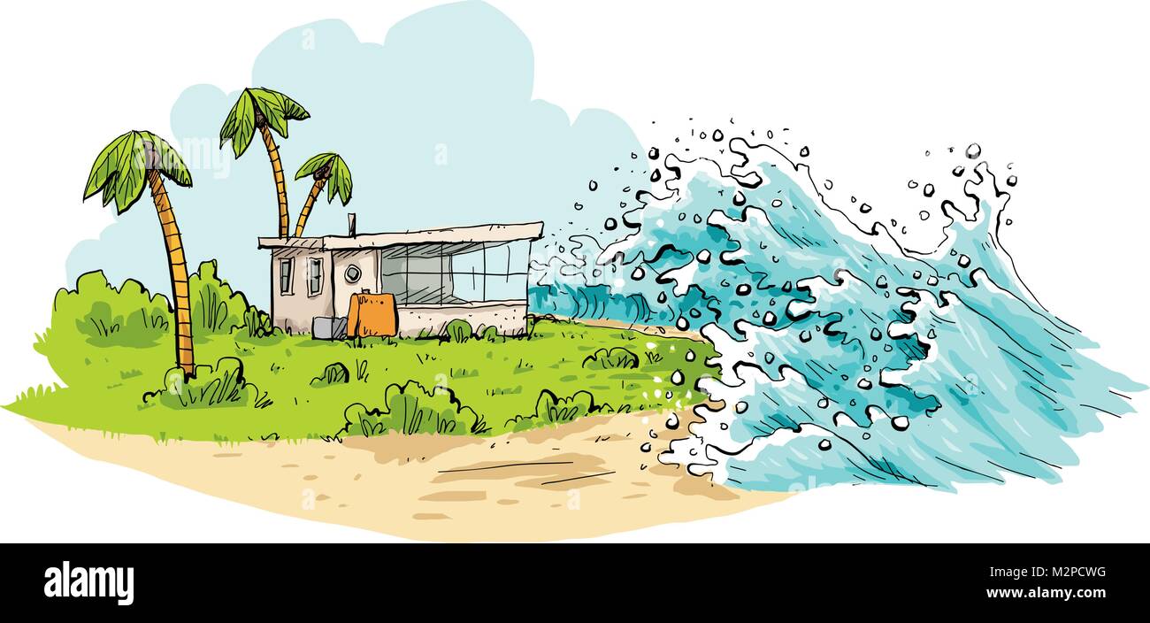 Caricature d'une destination de vacances tropical relaxant être submergés par d'immenses vagues du tsunami venant sur une plage. Illustration de Vecteur