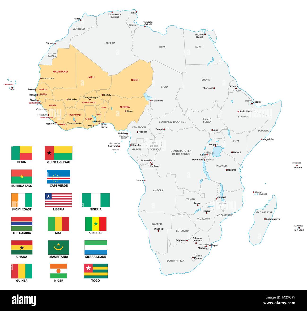 L'Afrique de l'ouest carte vectorielle administrative et politique avec les drapeaux Illustration de Vecteur