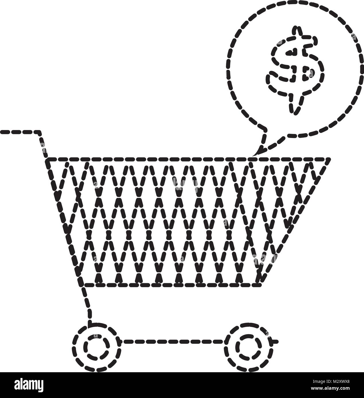 Forme pointillée shopping voiture avec symbole du dollar à l'intérieur de la bulle de chat Illustration de Vecteur