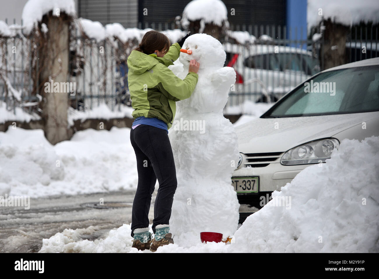 Ljubljana, Slovénie le 7 février., 2018. Scène enneigée à Ljubljana, la capitale de la Slovénie après une tempête de neige. Banque D'Images