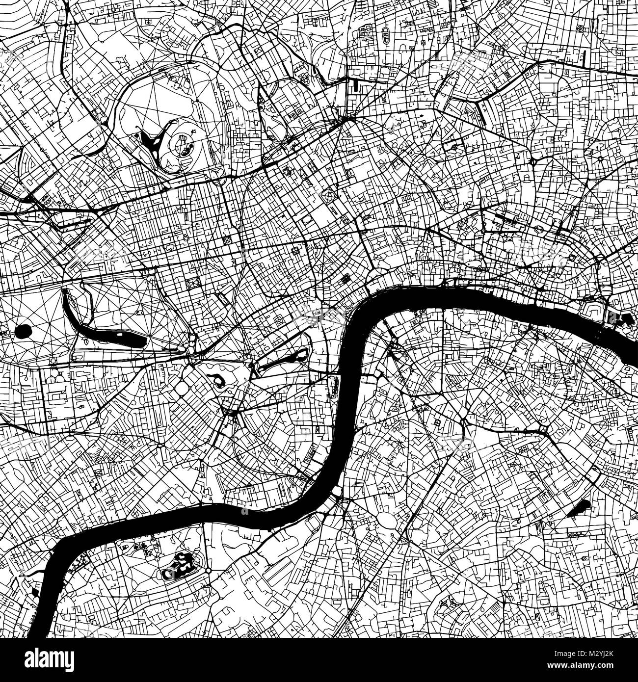 Le centre-ville de Londres Carte vectorielle, Version monochrome oevre Contour pour l'infographie, l'arrière-plan des rues et voies d'eau noire Illustration de Vecteur