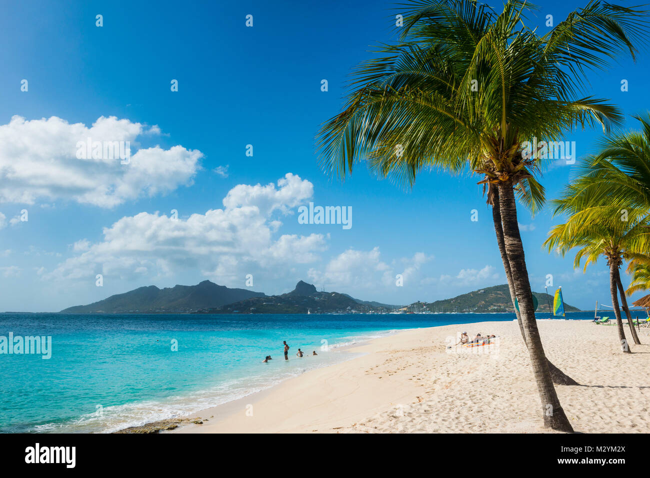 Plage de sable blanc bordée de cocotiers sur Palm Island Union Island avec en arrière-plan, les îles Grenadines, Saint Vincent et les Grenadines, Antilles Banque D'Images