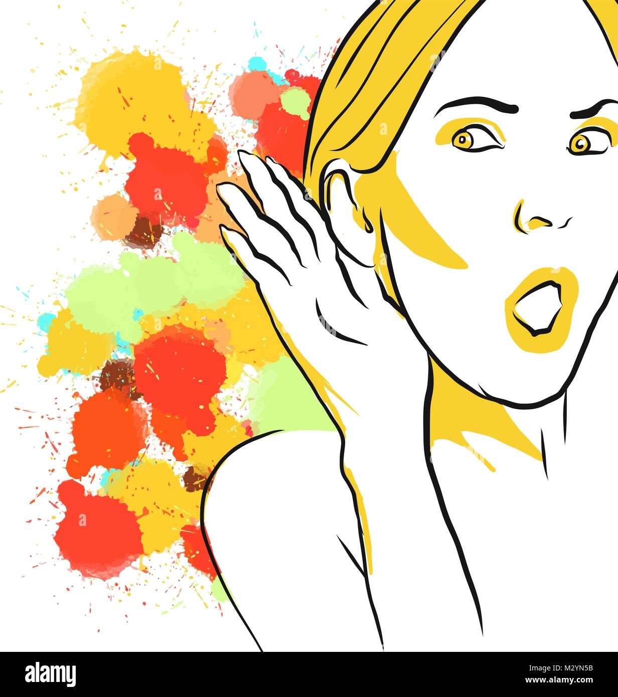 Gossip colorés à l'écoute de croquis. Hand Drawn Vector Illustration, Splatter Color isolé sur fond blanc. Creative Communication Concept. Illustration de Vecteur