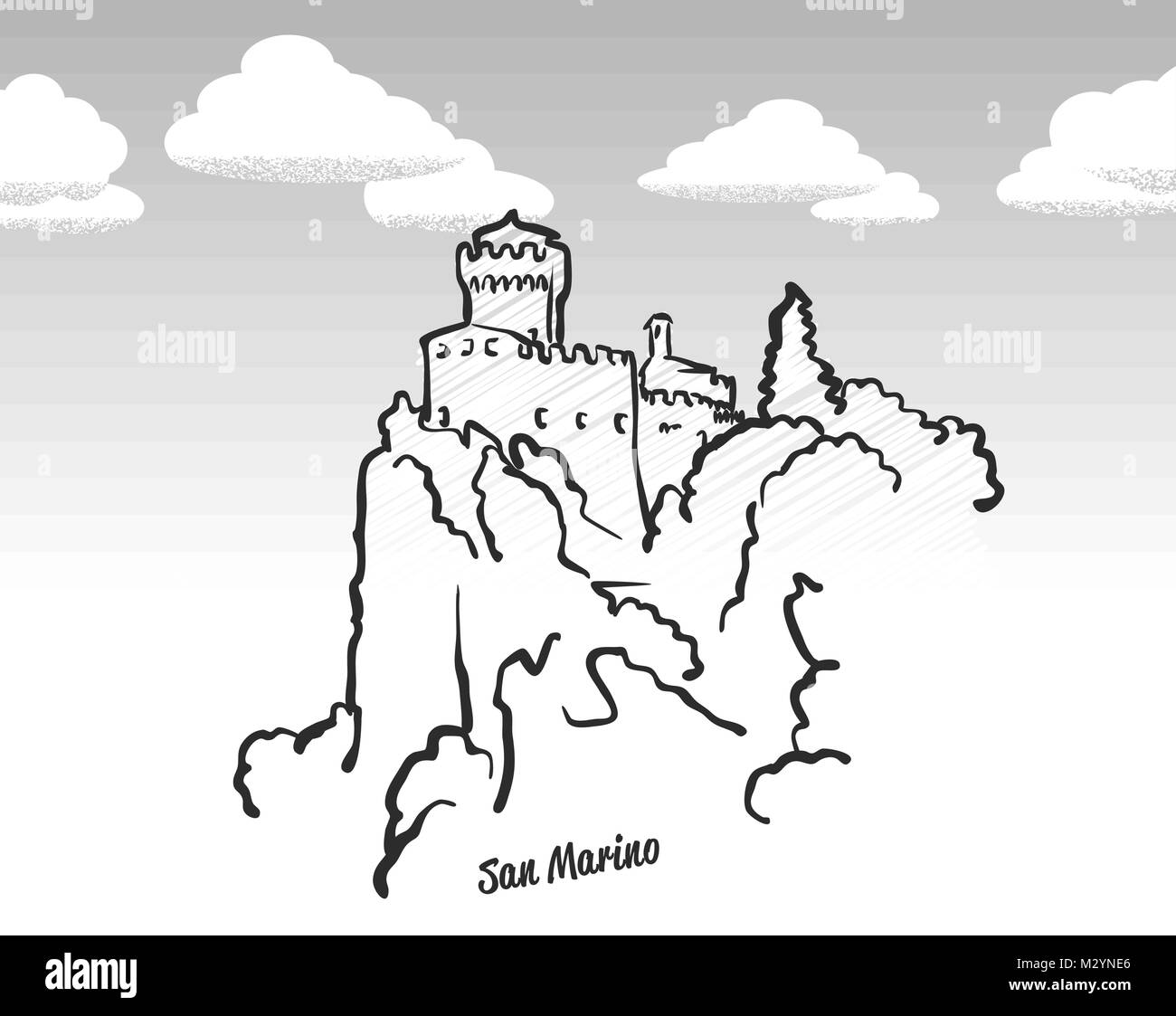 San Marin célèbre de croquis. Dessin Dessin à la main. L'icône de carte de vœux avec un titre, vector illustration Illustration de Vecteur