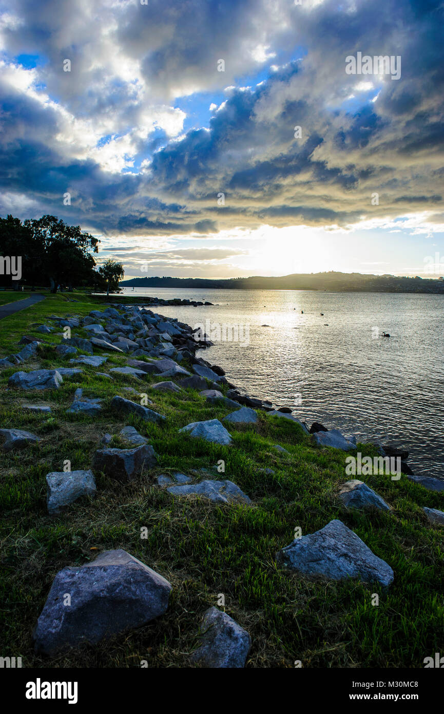 La lumière de fin d'après-midi au coucher du soleil sur les rives du lac Taupo, île du Nord, Nouvelle-Zélande Banque D'Images