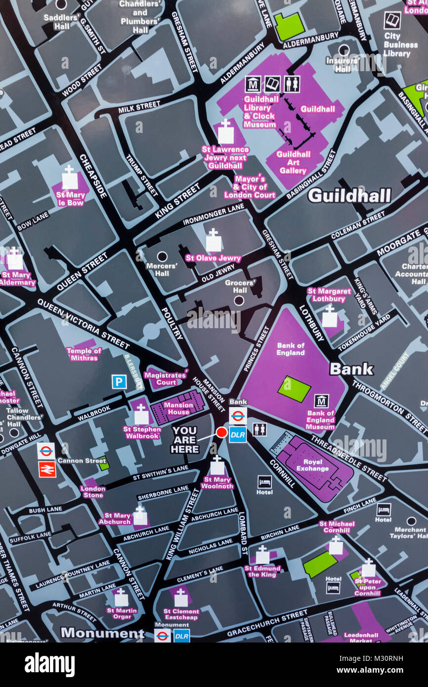 L'Angleterre, Londres, ville de Londres, Plan des rues de la Banque d'Angleterre et zone Guildhall Banque D'Images