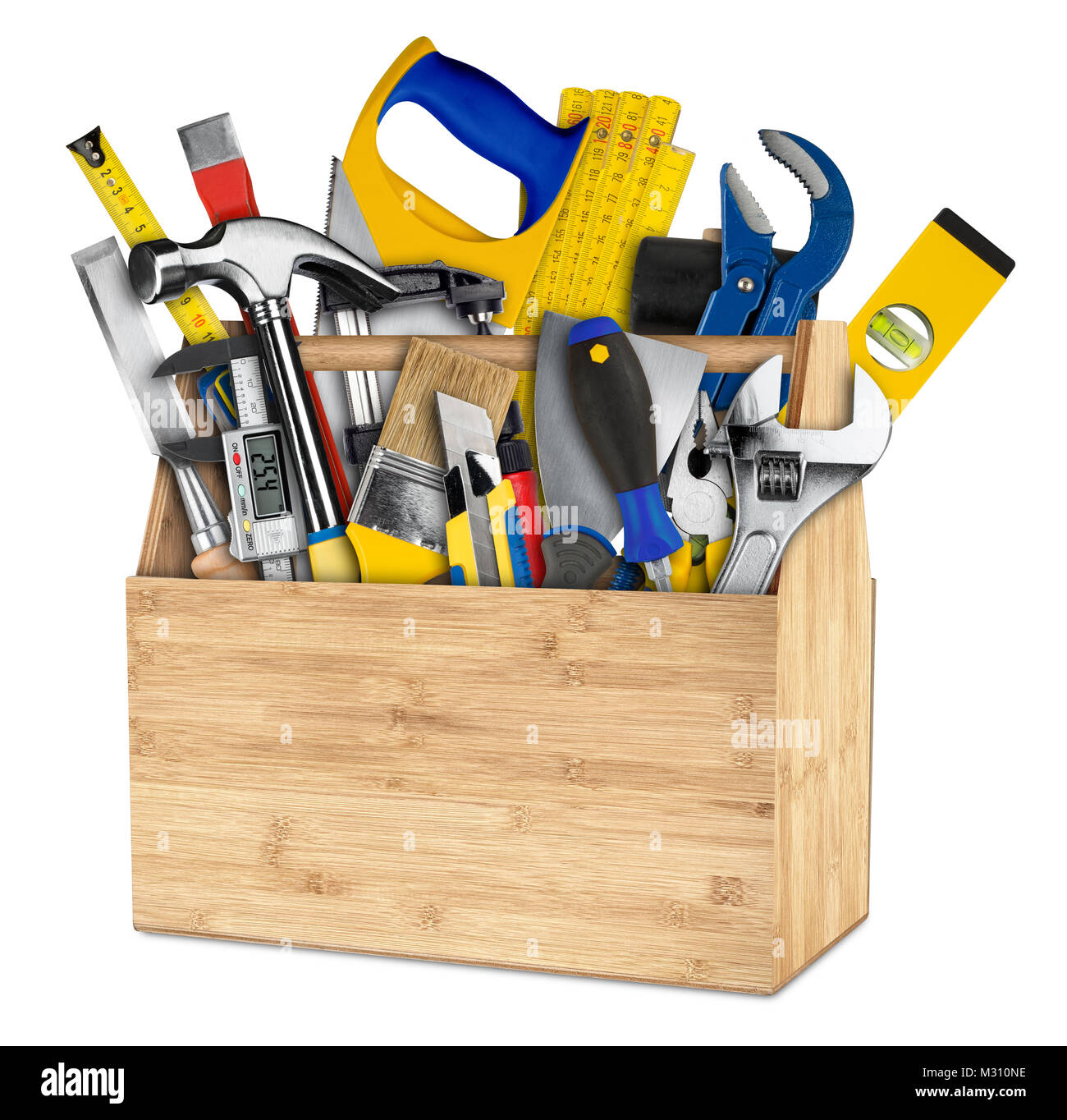 Retro en bois boîte remplie avec des outils à main isolé sur fond blanc do-it-yourself concept diy Banque D'Images