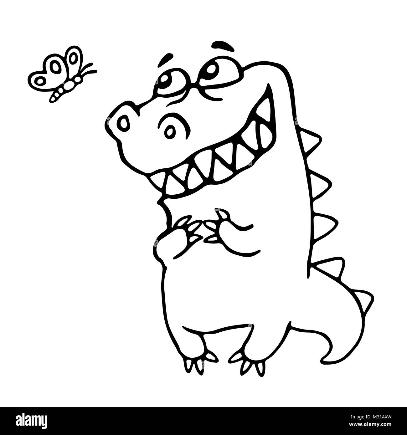 Friendly dragon profiter le papillon. Mignon drôle personnage imaginaire. Banque D'Images