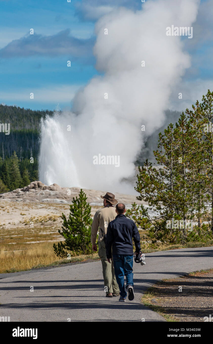 Les touristes regarder comme Old Faithful éclate avec un panache de vapeur et d'eau. Le Parc National de Yellowstone, Wyoming, USA Banque D'Images