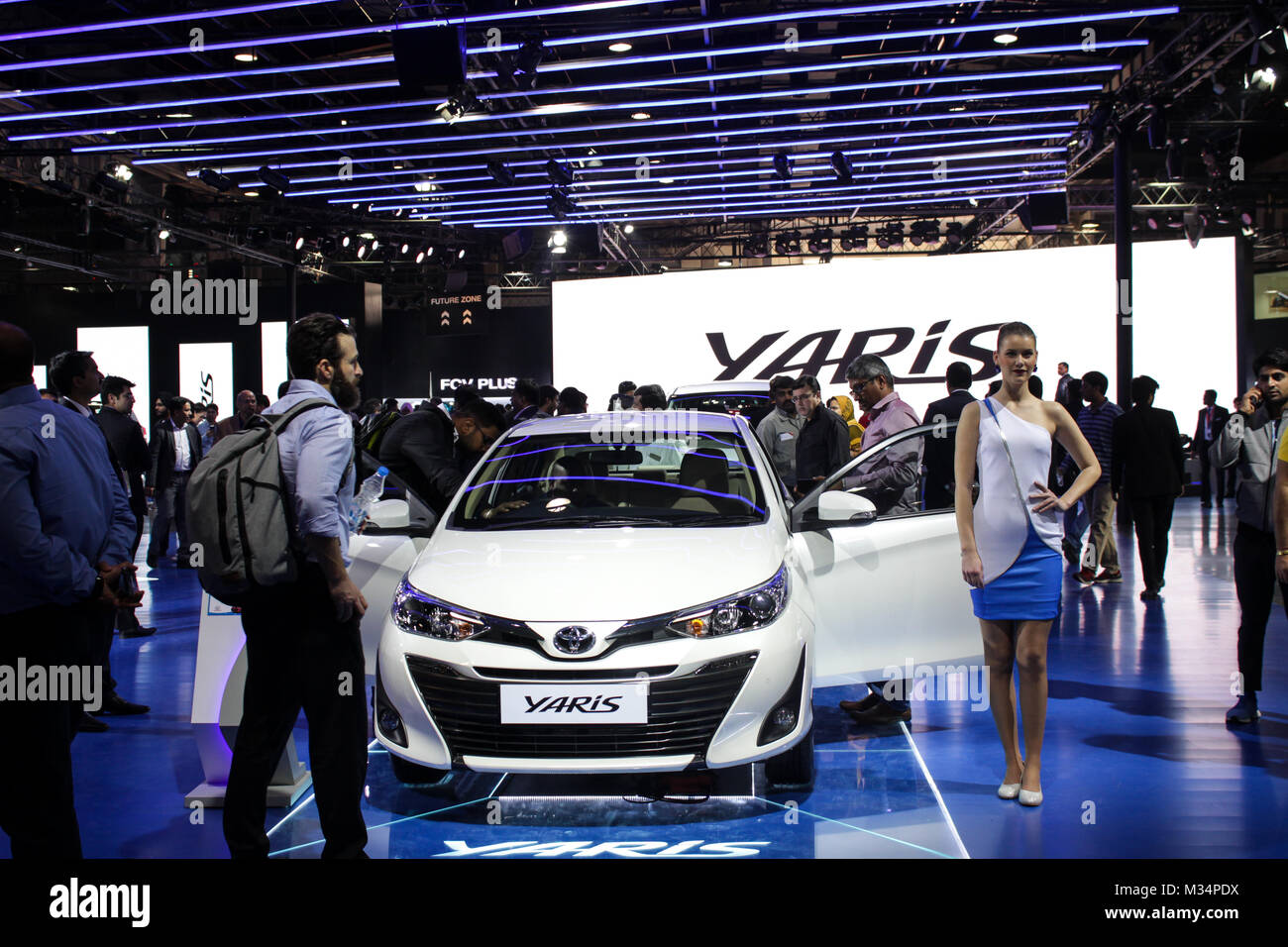 India Expo Mart, Noida, Utter Pradesh, Inde. Le 08 février, 2018. Toyota a dévoilé sa berline haut de gamme Yaris en Inde, la voiture est déjà disponible dans divers marchés internationaux par le nom de Yaris Ativ et Vios, à l'Indien 2018 Auto Expo salon de l'auto, le jeudi 8 février 2018, tenue le 9 février 2018 - 14 Feb 2018 in India Expo Mart, Greater Noida, Inde. Banque D'Images