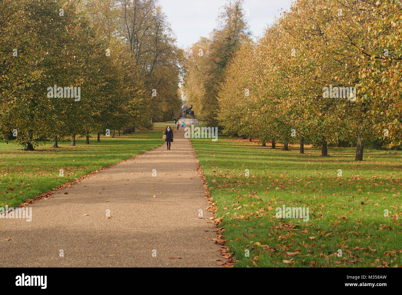 Femme marche dans les jardins de Kensington, Londres, entre deux avenues d'arbres loin de la statue de l'énergie physique dans l'arrière-plan Banque D'Images