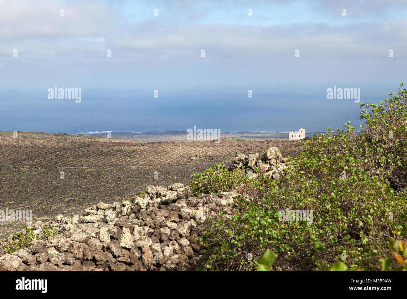 Yé, Haría, Lanzarote, Espagne : une vue sur la campagne environnante depuis le volcan de la Corona, vieux mur de pierre, vignobles et l'océan Atlantique Banque D'Images