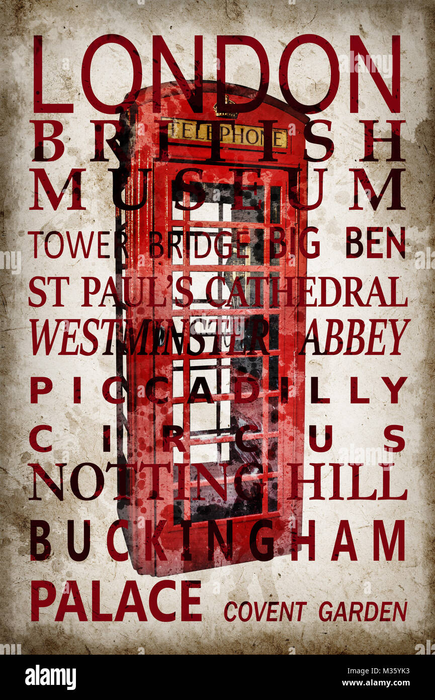 Texte avec Londres sur red phone box vintage sepia background Banque D'Images