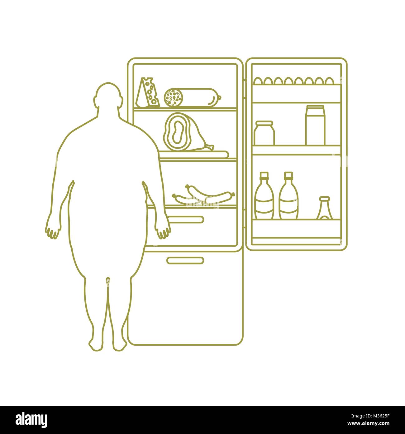 Fat Man est à l'un réfrigérateur plein de nourriture. Les habitudes alimentaires néfastes. Bannière pour la conception et l'impression. Illustration de Vecteur