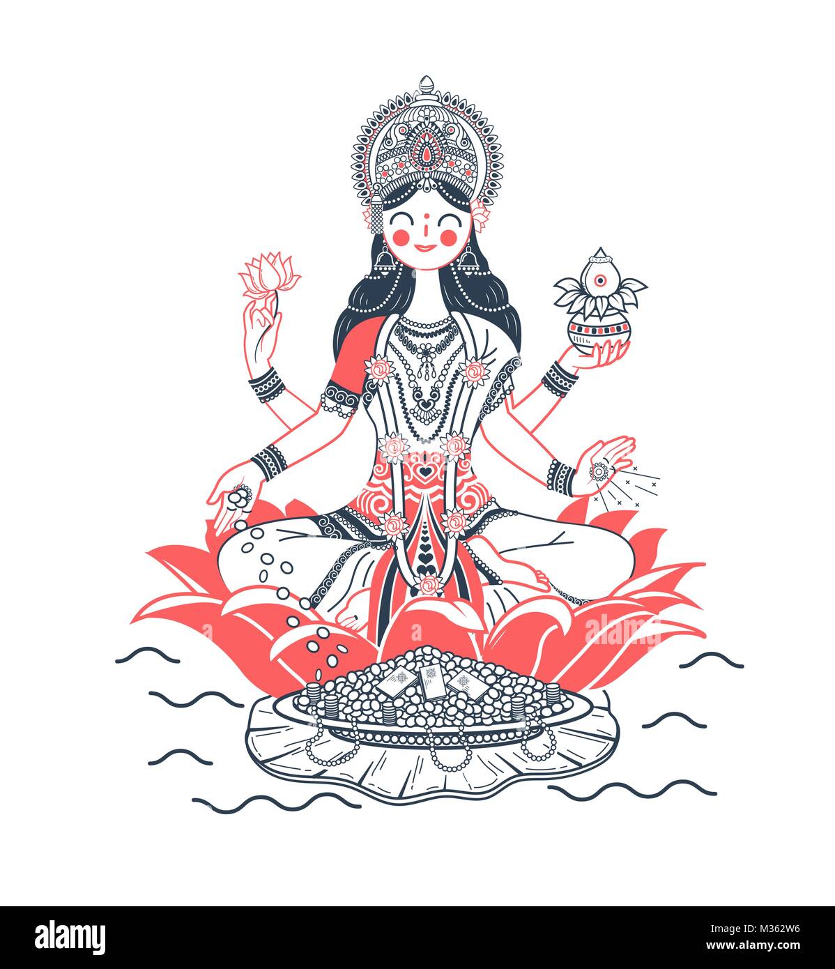 Illustration avec la déesse hindoue Laxmi ou lakshmi. Icône dans un style linéaire Illustration de Vecteur