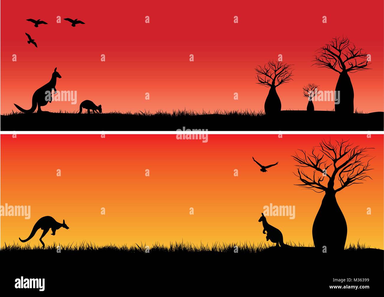 Boab arbres et deux kangourous dans le coucher du soleil de l'Australie outback Illustration de Vecteur