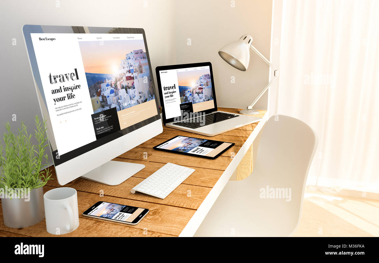 Le rendu 3D sur une table en bois avec voyages site sensible concept. Banque D'Images