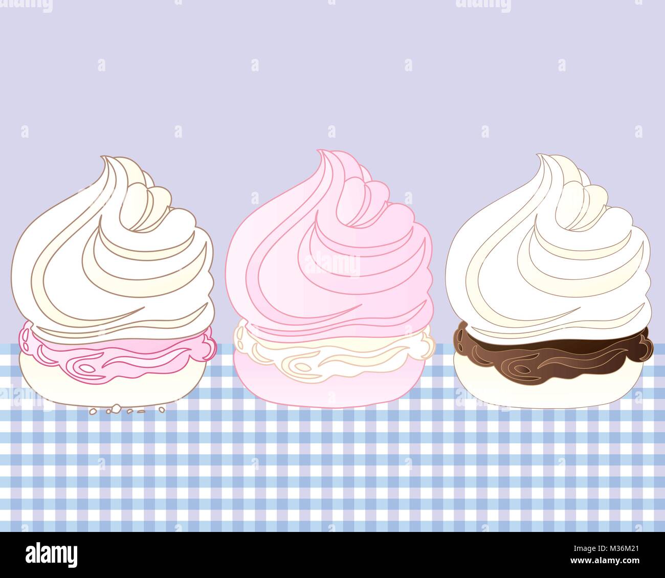 Une illustration de trois desserts meringue douce avec diverses saveurs sur une nappe en vichy Illustration de Vecteur