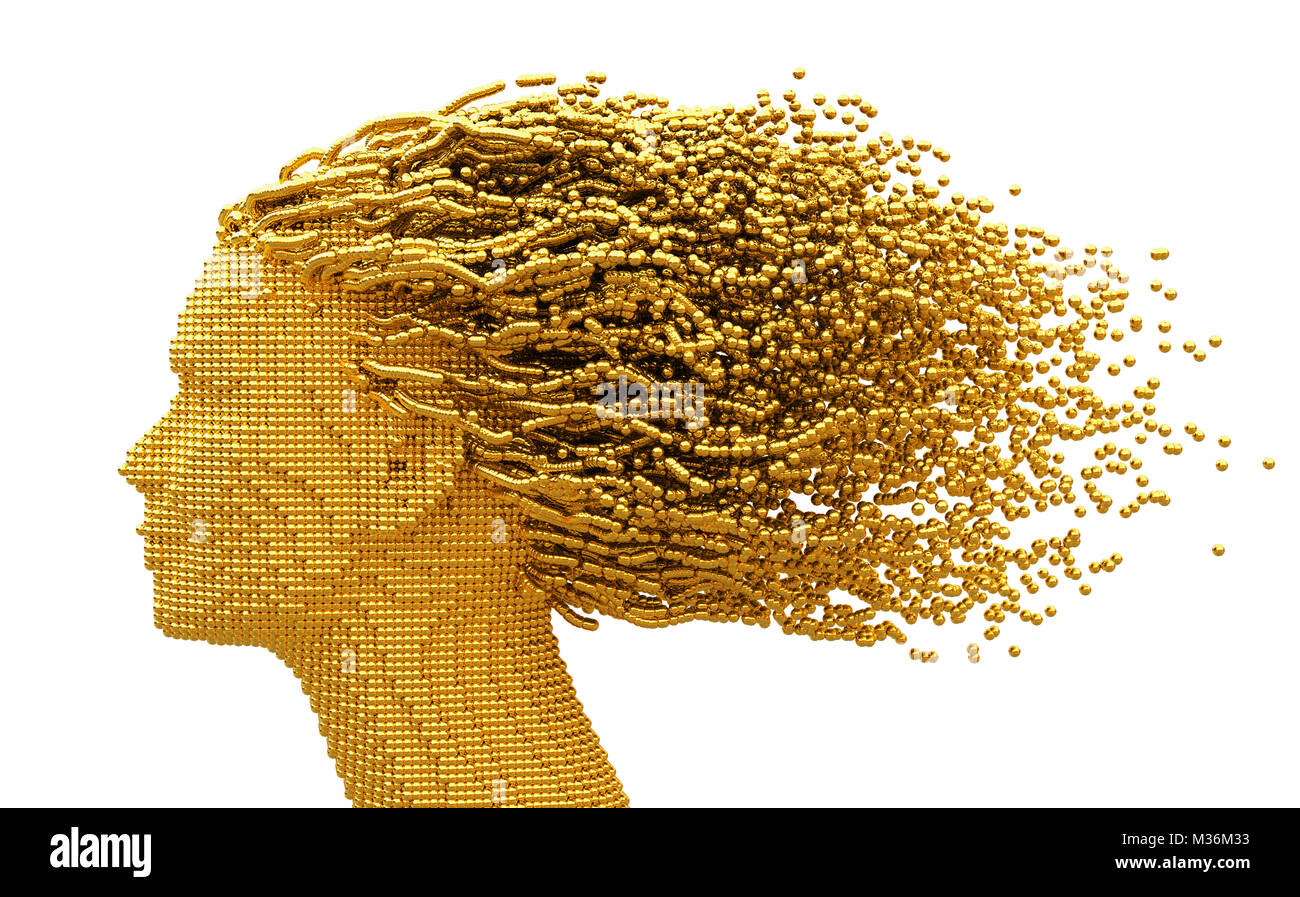 Tête de femme en or et sphères 3D que les cheveux sur fond blanc Banque D'Images