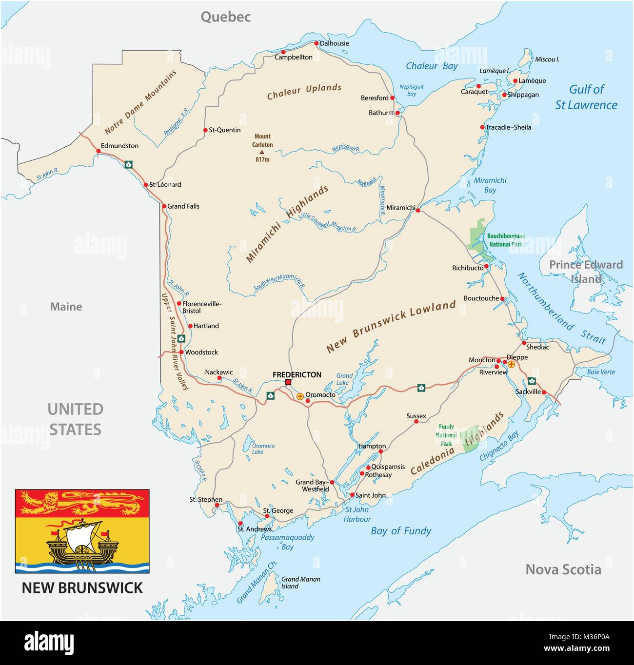Carte routière avec pavillon de la province de l'Atlantique Nouveau-Brunswick Illustration de Vecteur