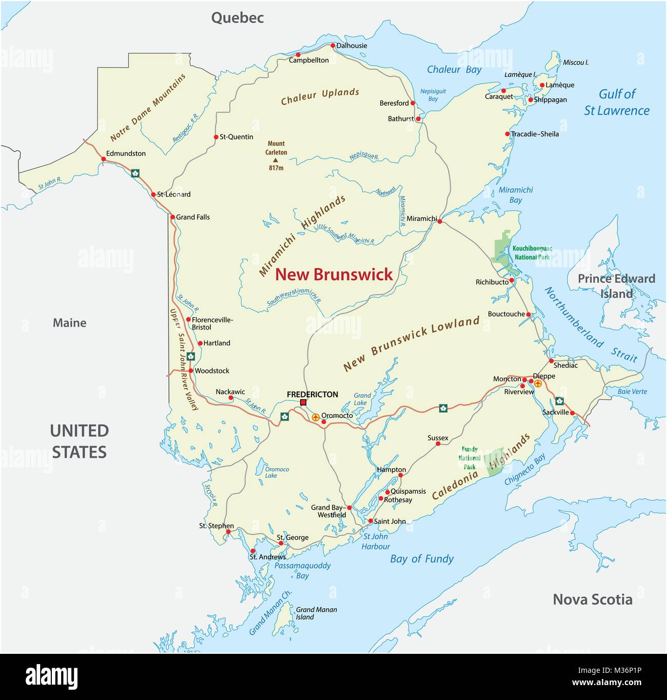 Carte vectorielle de la Route Canada province de l'Atlantique Nouveau-Brunswick Illustration de Vecteur