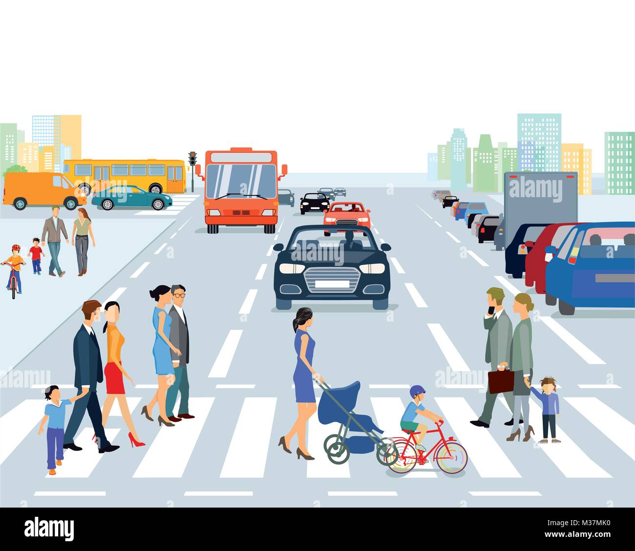 Grande ville avec la circulation routière et piétonnière, illustration Illustration de Vecteur