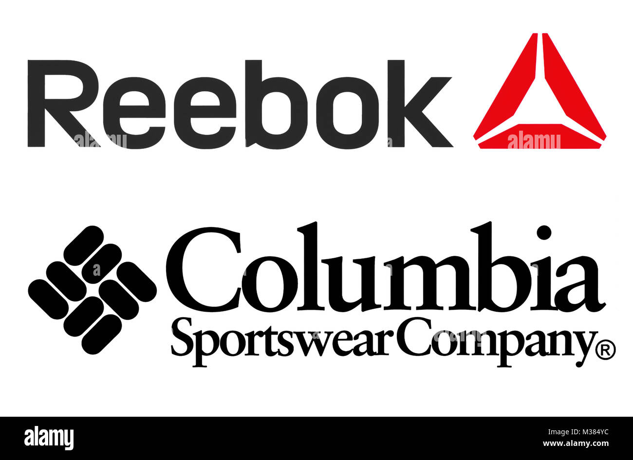 Kiev, Ukraine - 11 septembre 2017 : Collection de vêtements populaires fabrique des logos imprimés sur du papier : Reebok et Columbia Banque D'Images