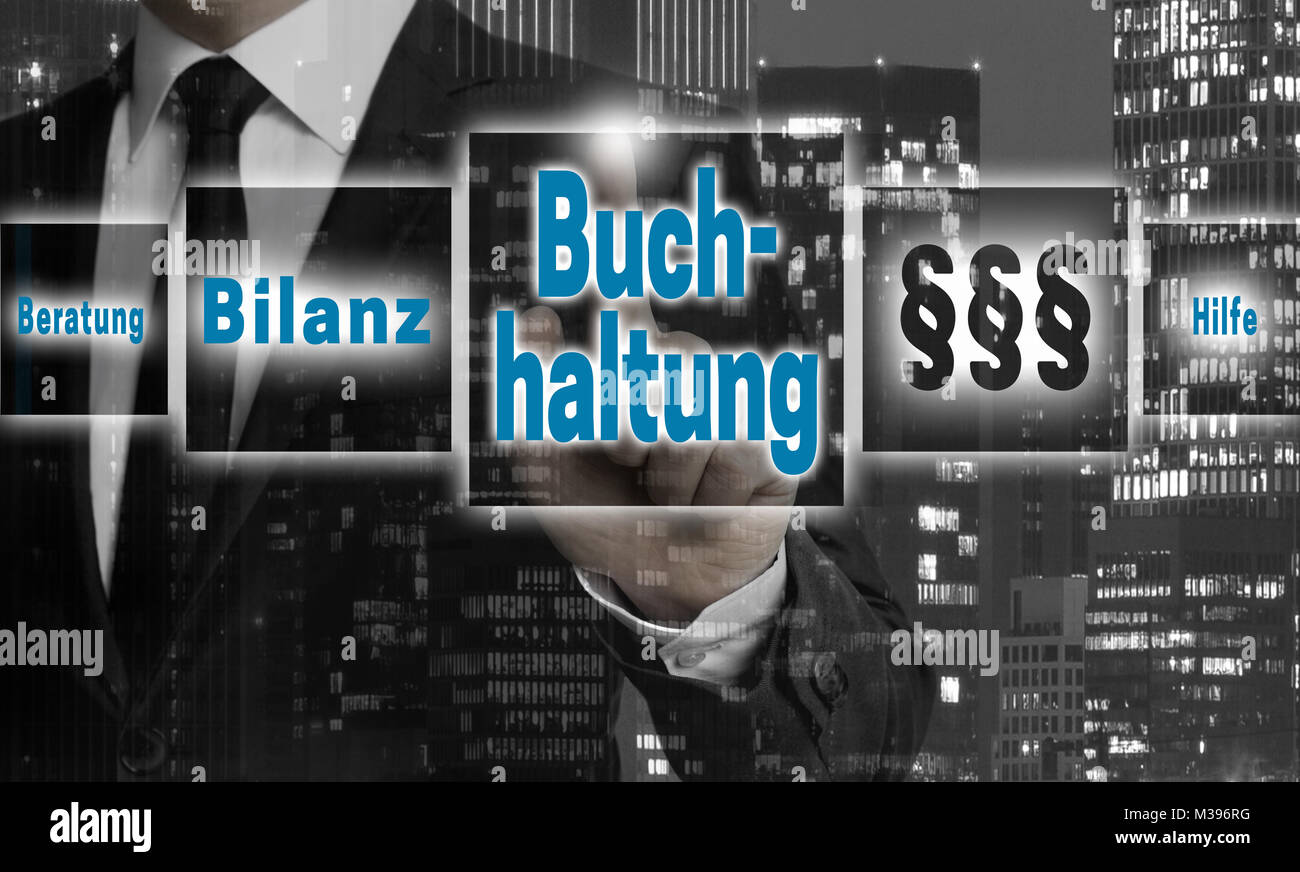 Comptabilité Buchhaltung (en allemand, aide, bilan) concept est illustré par l'homme d'affaires. Banque D'Images