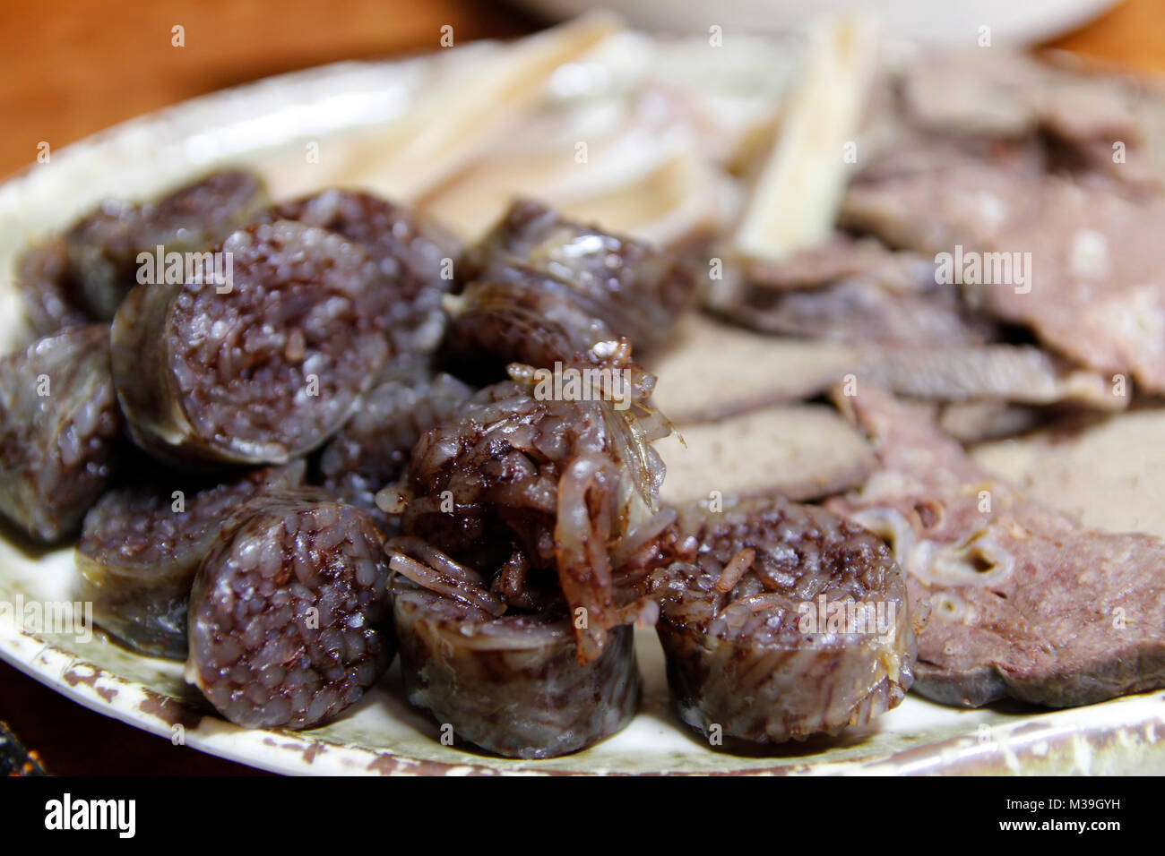 Close up of Sundae ou saucisse au restaurant Coréen Coréen, Busan, Corée du Sud Banque D'Images