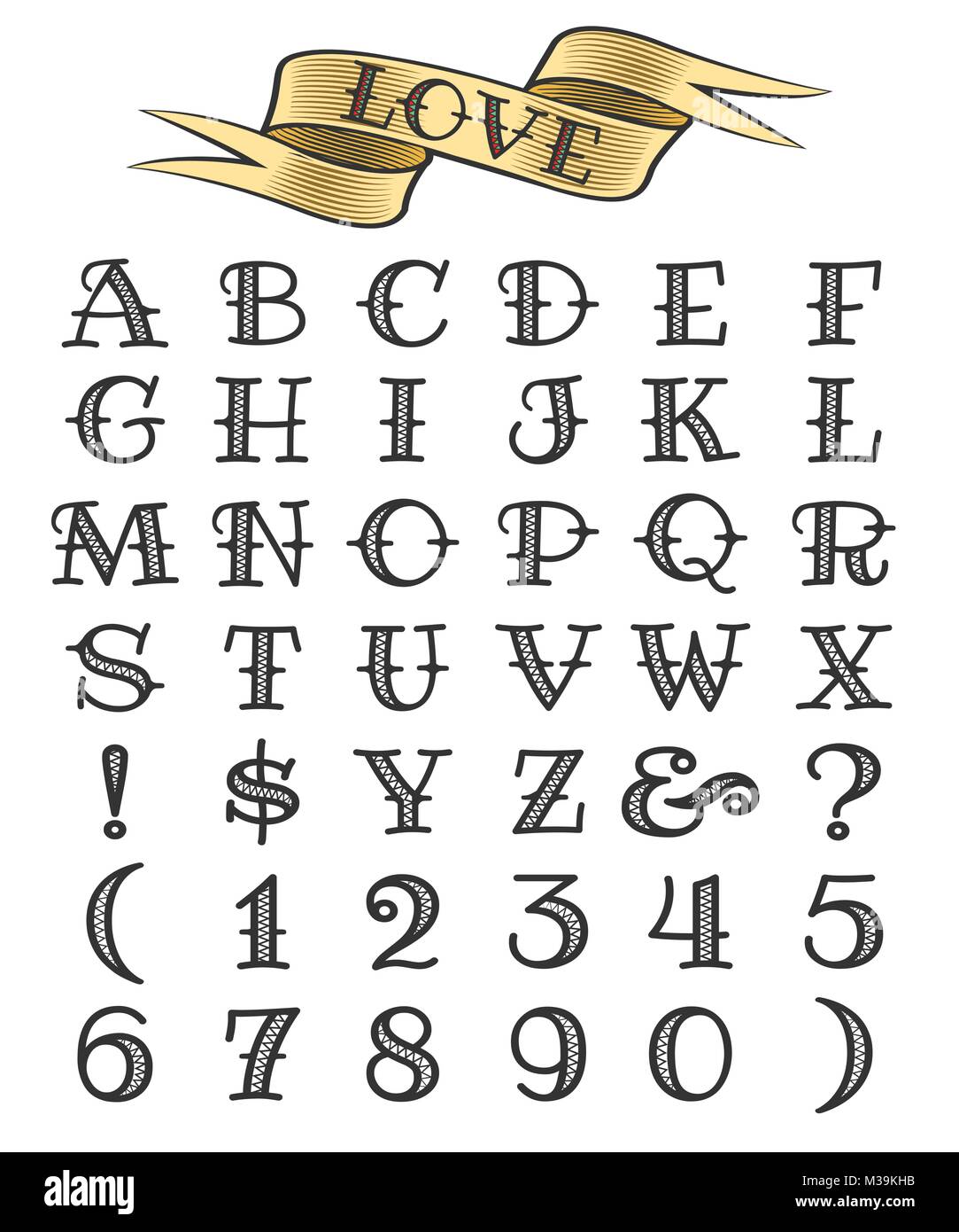 Ensemble de lettres et de chiffres style tatouage, alphabeth pour votre conception de tatouage