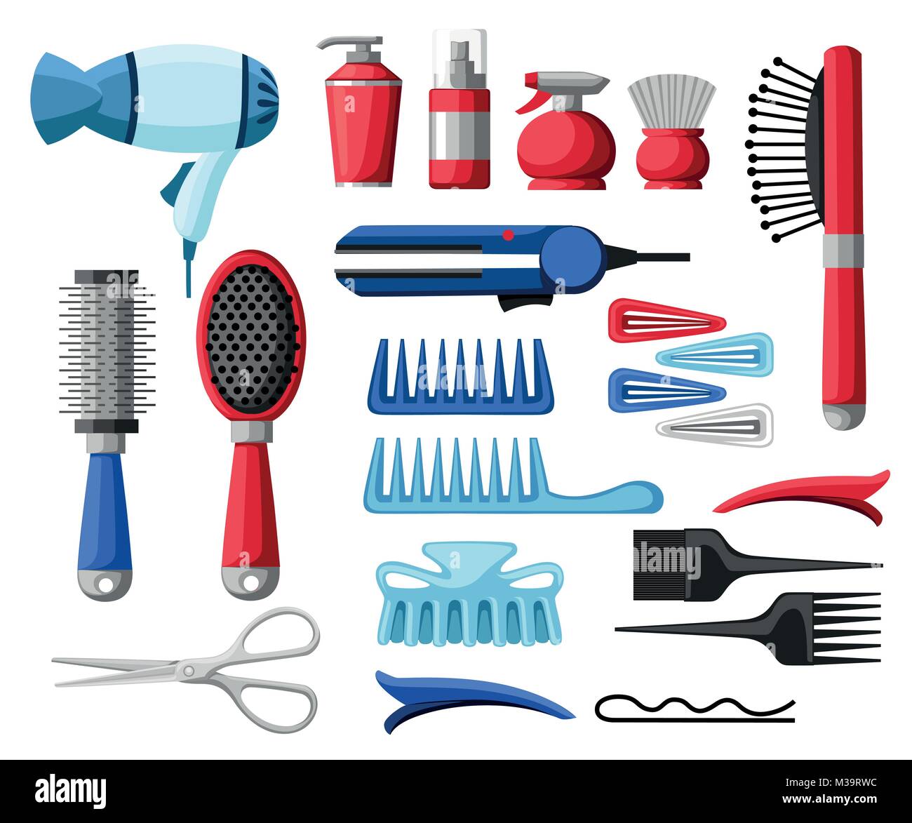 Ensemble prédéfini de coiffeur professionnel et matériel de coiffure  coiffure ciseaux outils outils sèche-cheveux Peigne et épingle bouteille  tube vector illust Image Vectorielle Stock - Alamy