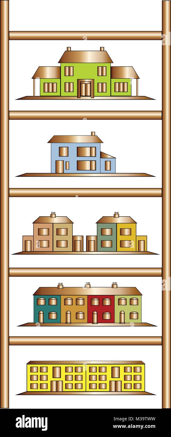 Propriétés de niveau différents à l'intérieur de bain indiquant l'augmentation de la valeur et le succès dans le marché du logement. Illustration de Vecteur