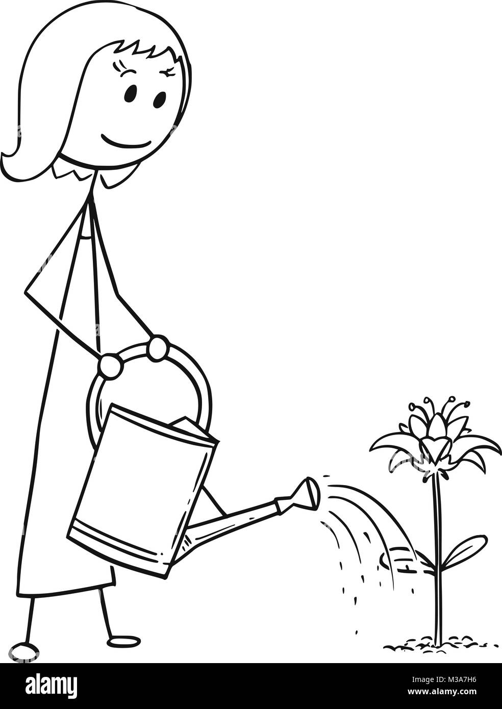 Caricature de l'arrosage des plantes en fleurs Femme Jardinier Illustration de Vecteur