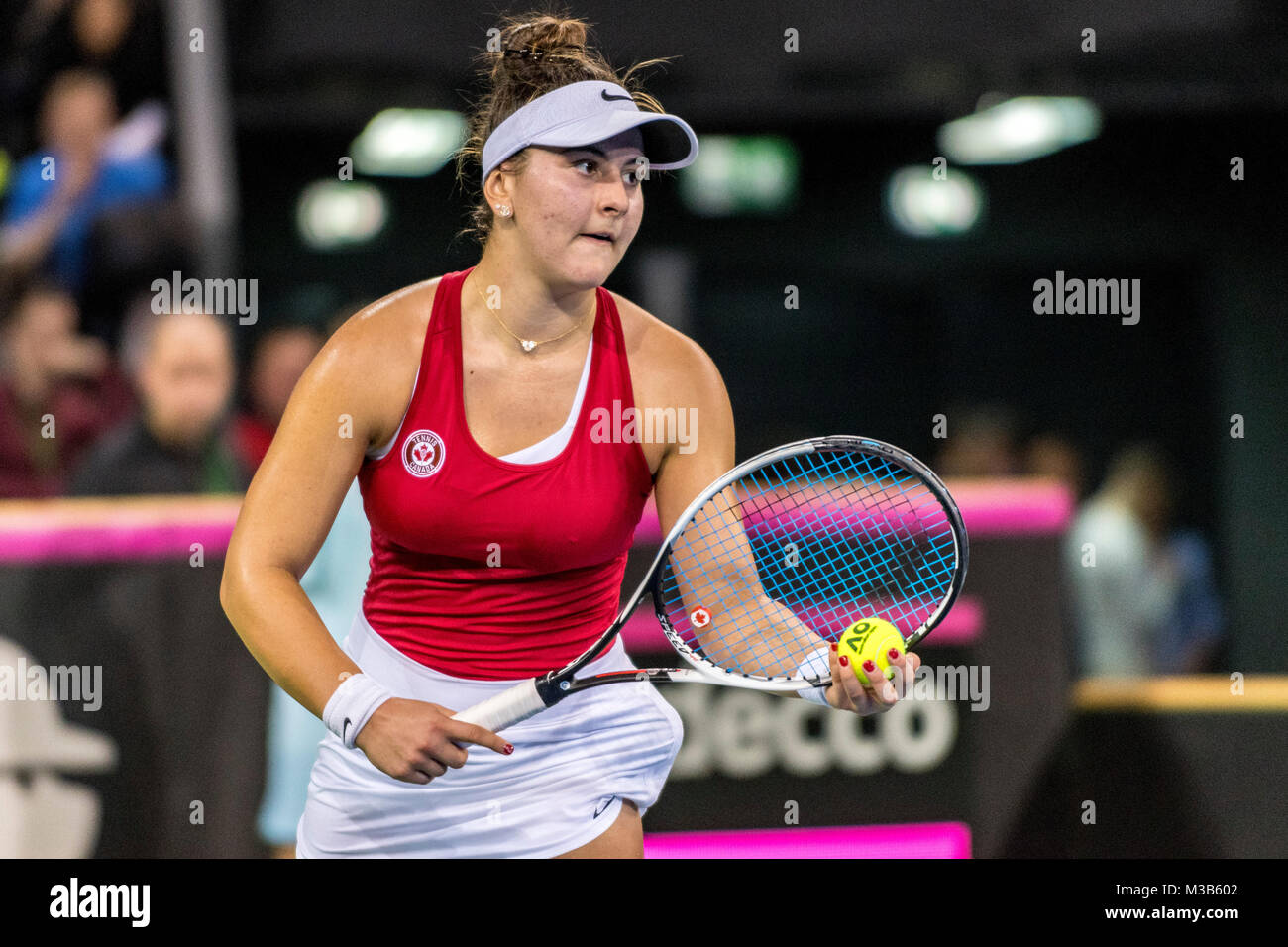 10 février 2018 : Bianca Andreescu (CAN) lors de la Fed Cup par BNP 2018 match entre la Roumanie et le Canada à La Sala Polivalenta, Cluj-Napoca, Roumanie ROU. Copyright : Cronos/Catalin Soare Banque D'Images