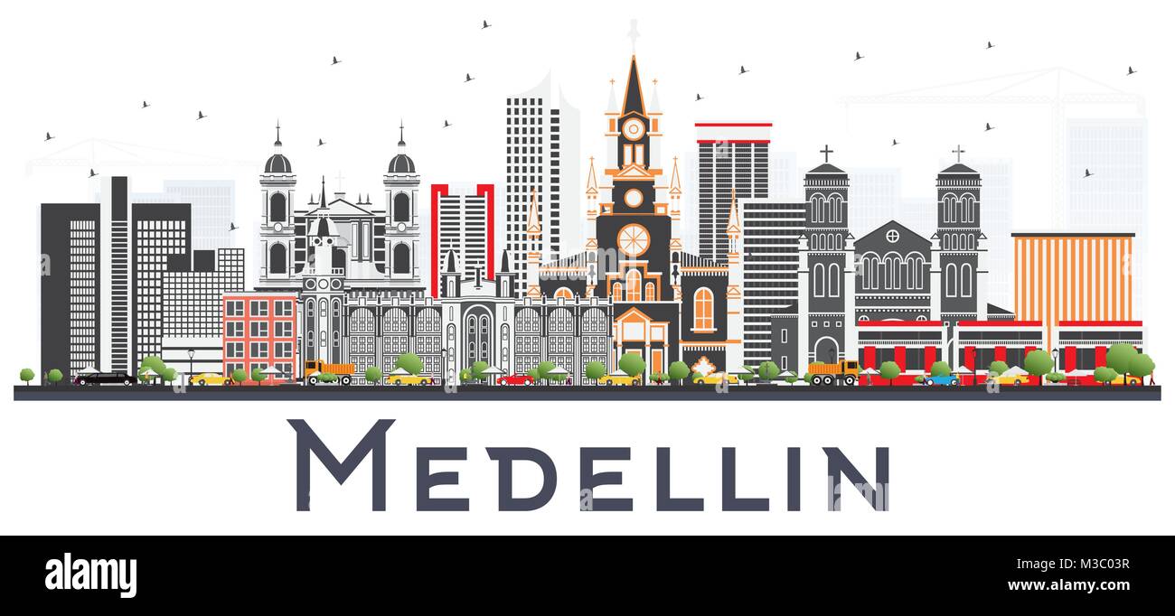 Medellin Colombie Ville avec des bâtiments gris isolé sur fond blanc. Vector Illustration. Les voyages d'affaires et tourisme Concept. Illustration de Vecteur